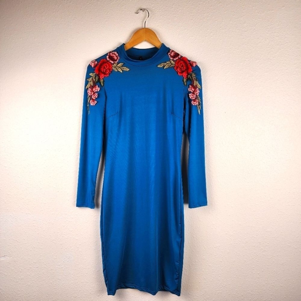 Turquoise Blue Mockneck Long Sleeve Rose Embroidered 90s Dress Size Small